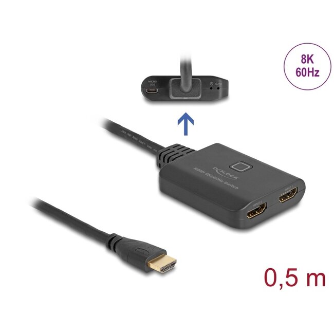 Delock HDMI Switch 2 x HDMI in to 1 x HDMI out 8K 60 Hz with integrated cable 50 cm