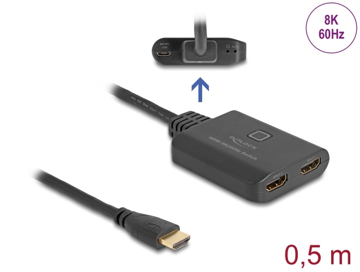 Delock HDMI Switch 2 x HDMI in to 1 x HDMI out 8K 60 Hz with integrated cable 50 cm |