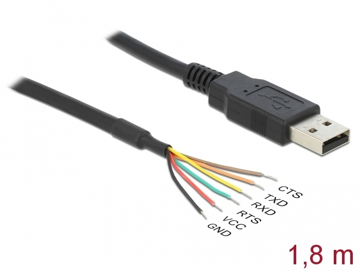 DeLOCK USB2.0/TTL 6 1.8m. Snoerlengte: 1,8 m, Aansluiting 2: USB, Geslacht connector: Mannelijk, Kleur van het product: Zwart