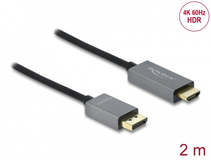 DeLOCK 85929. Snoerlengte: 2 m, Aansluiting 1: HDMI Type A (Standaard), Aansluiting 2: DisplayPort. Diameter van de kabel: 5 mm. Aantal per verpakking: 1 stuk(s), Type verpakking: