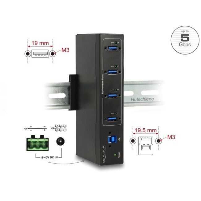 Delock External Industry Hub 4 x USB 3.0 Type-A with 15 kV ESD protection