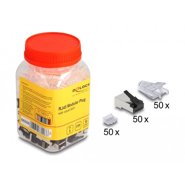 Delock RJ45 Modular Plug with robust latch Cat.6 and bend protection boots 50 pcs set
