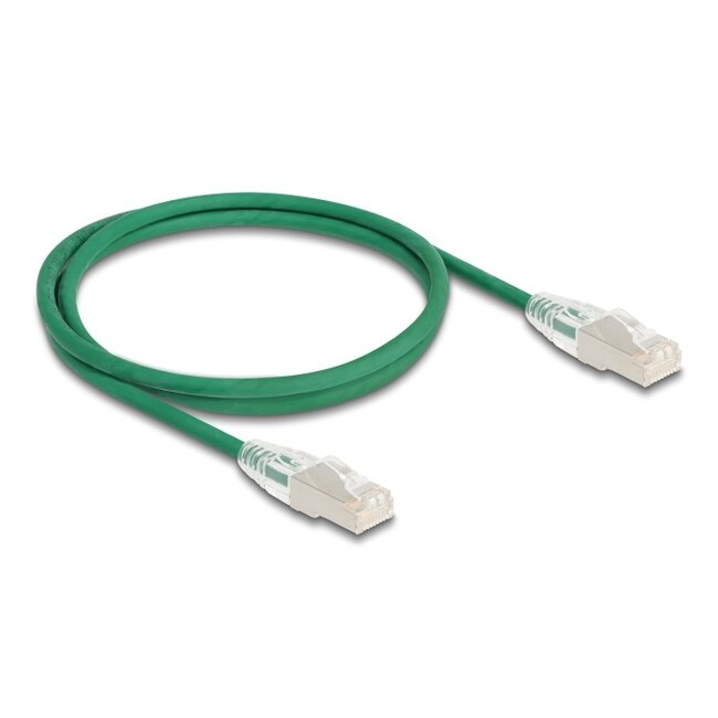 Delock RJ45 Network Cable Cat.6A plug to plug with curved latch U/FTP Slim 1 m green