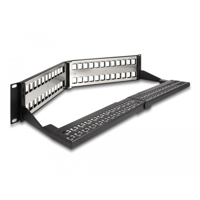 Delock 19″ Keystone Patch Panel 48 port with strain relief 2U angled black
