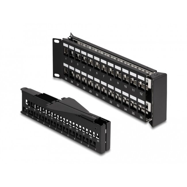 Delock 19″ Keystone Patch Panel 48 port with strain relief 2U angled black