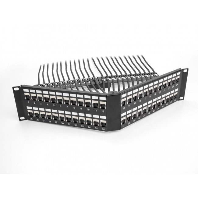Delock 19″ Keystone Patch Panel 48 port with strain relief 2U angled black