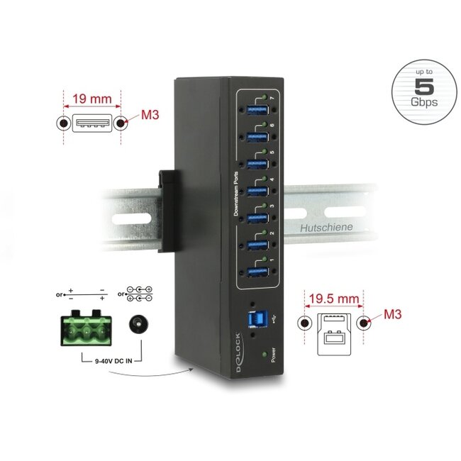 Delock External Industry Hub 7 x USB 3.0 Type-A with 15 kV ESD protection