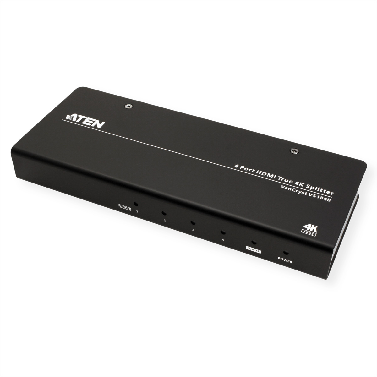 Aten VS184. Aansluiting video: HDMI, Video uit: 4x HDMI. Maximum resolutie: 1920 x 1200 Pixels, Kleur van het product: Zwart, Maximale afstand: 20 m. Stroomverbruik (typisch): 4,6