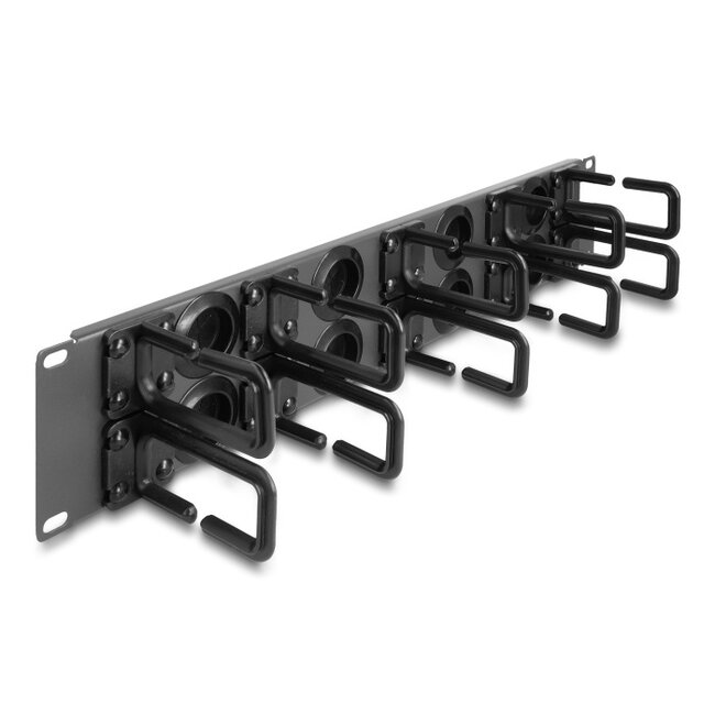Delock 19″ Cable Management Routing Panel with 8 rubber cable entries and 10 hooks 2U black
