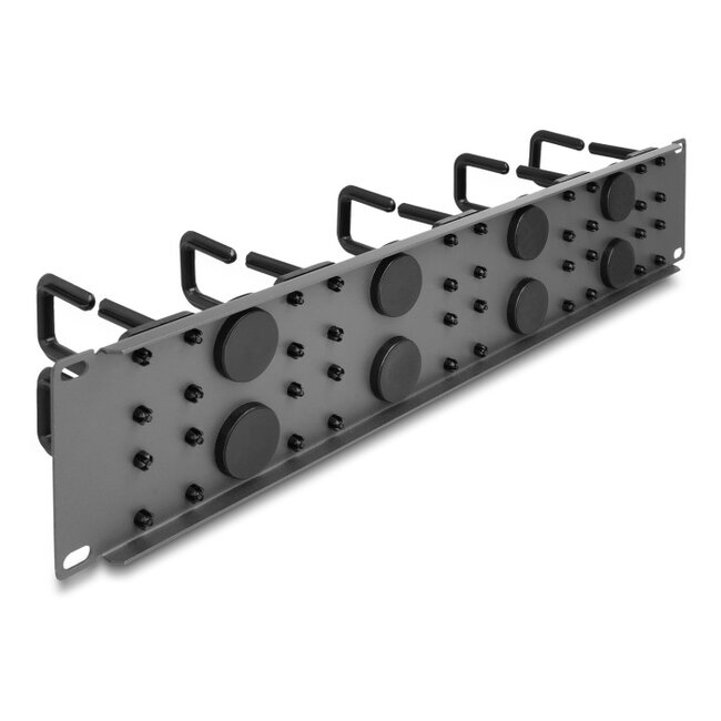 Delock 19″ Cable Management Routing Panel with 8 rubber cable entries and 10 hooks 2U black