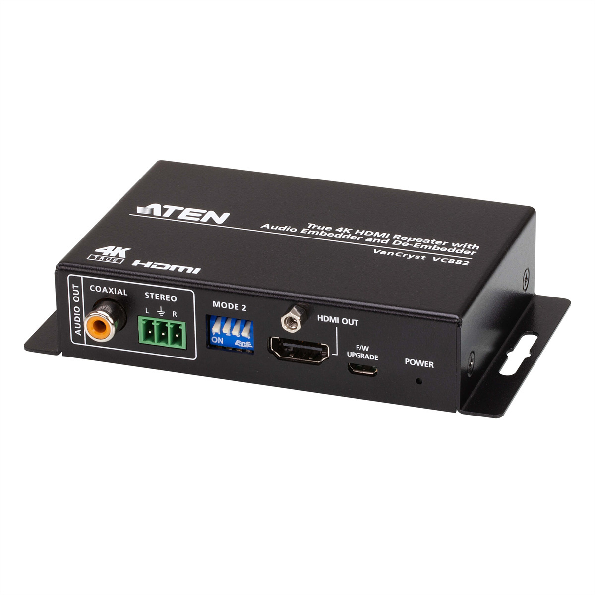 Aten VC882 True 4K HDMI Repeater met audio-integratie en -deïntegratie. Soort: AV-repeater, Maximum resolutie: 4096 x 2160 Pixels, Maximaal bereik: 5 m. Connectiviteitstechnologie: