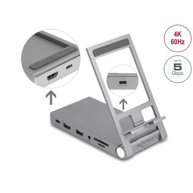 Delock Tablet und Notebook Dockingstation 4K mit integrierter Halterung - HDMI / USB / Hub / SD / Micro SD / PD 3.0 - foldable