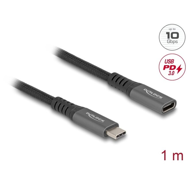 Delock USB 10 Gbps Extension Cable USB Type-C™ male to female PD 3.0 100 W 1 m grey metal