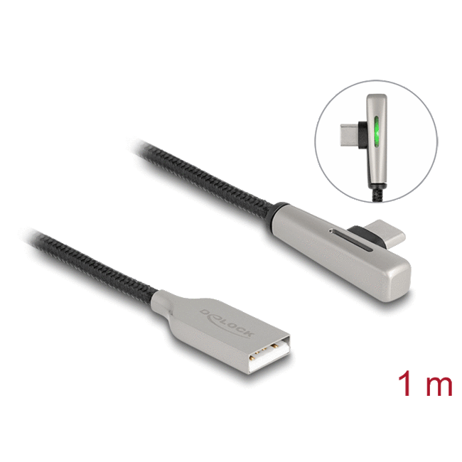 Delock USB 2.0 Cable Type-A male to USB Type-C™ male angled with LED and Fast Charging 60 W 1 m