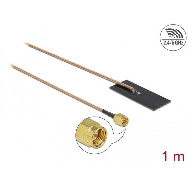 Delock WLAN 802.11 ac/ax/a/h/b/g/n Antenna SMA plug 0.5 - 1.2 dBi RG-178 1 m PCB internal self adhesive