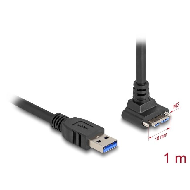 Delock USB 5 Gbps Cable USB Type-A male straight to USB Micro-B male with screw distance 18 mm 90° upwards angled 1 m black