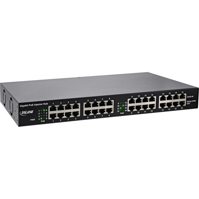 InLine® PoE+ Gigabit Network Injector Hub 16 Port (16x PoE+), 1Gb/s, 19" 1U (brackets included), metal, 2 fans