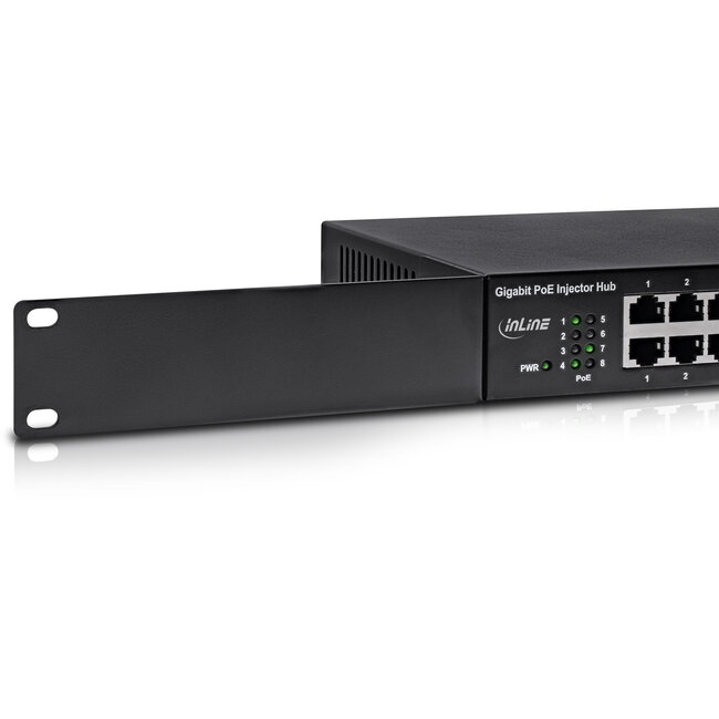 InLine® PoE+ Gigabit Network Injector Hub 8 Port (8x PoE+), 1Gb/s, 19" 1U (brackets included), metal, without fan