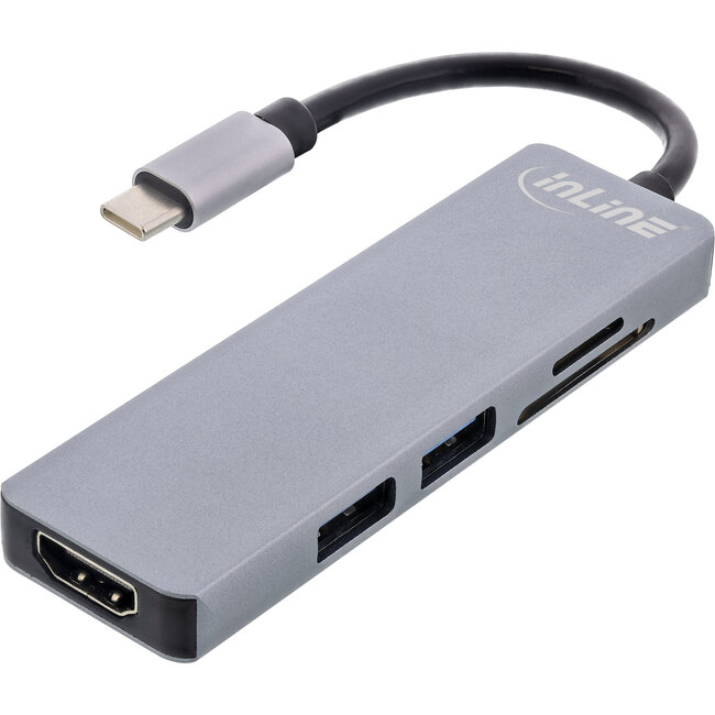 InLine® Multifunctional hub USB 3.2 Gen.1, 2x USB-A 5Gbps + HDMI 4K/30Hz + card reader, aluminium, grey