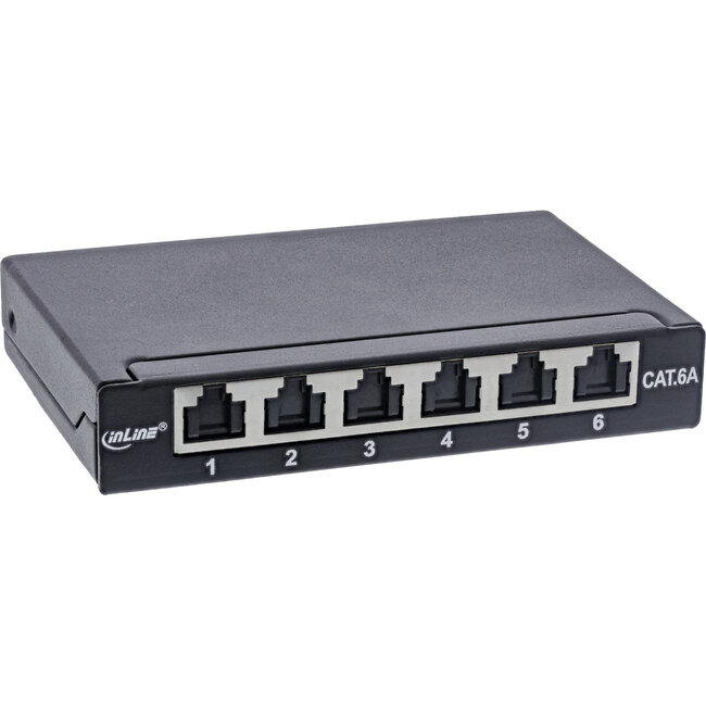 InLine® Patch panel Cat.6A 0.5U 6-port, for table/wall/rail, with dust protection, black