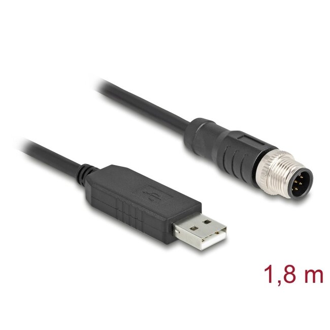 Delock M12 Serial Connection Cable with FTDI chipset, USB 2.0 Type-A male to M12 RS-232 male A-coded 8 pin 1.8 m black