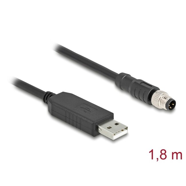 Delock M8 Serial Connection Cable with FTDI chipset, USB 2.0 Type-A male to M8 RS-232 male A-coded 3 pin 1.8 m black