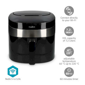 Nedis SmartLife Heteluchtfriteuse - Wi-Fi - 7,2 l - Tijdschakelaar: 240 min - Aantal vooraf ingestelde programma's: 8 - Digitaal - Android / IOS - Zwart