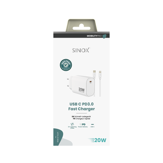 Sinox Sinox MOBILITY POWER - Lichtnetadapter USB-C > Lightning PD 20W w/C-C, White