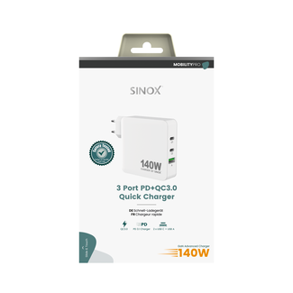 Sinox Sinox MOBILITY POWER - Lichtnetadapter 2xUSB-C 1xUSB-A PD140W, White