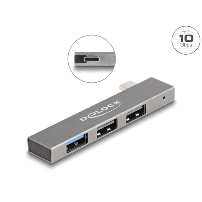 Delock 3 Port Slim USB Hub with USB Type-C™ to 1 x USB 10 Gbps USB Type-A + 2 x USB 2.0 Type-A