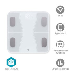 Nedis SmartLife Personenweegschaal - Bluetooth - BMI / BMR / Botten / Gewicht / Spieren / Vet / Water - 12 - Piekbelasting: 180 kg - Android / IOS - ABS / Glas - Wit