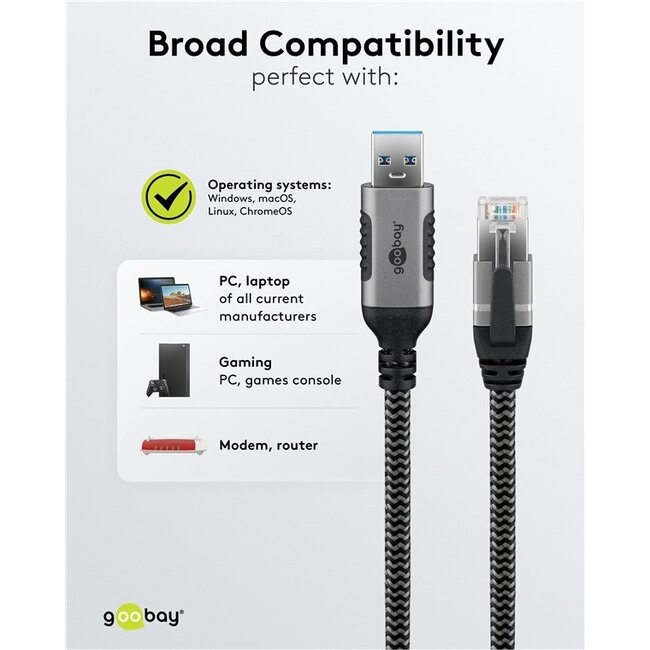 Goobay USB-A naar RJ45 LAN kabel | USB3.0 | CAT6 | zwart | 10 meter