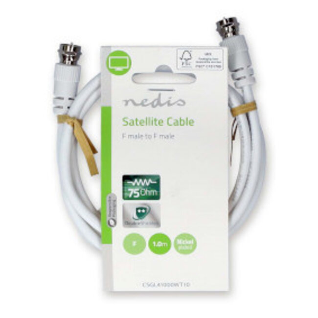 Satelliet- en Antennekabel | F-Male | F-Male | Vernikkeld | 75 Ohm | Dubbel Afgeschermd | 1.00 m | Rond | PVC | Wit | Label