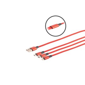 S-Impuls USB 3in1 Ladekabel A Stecker auf USB Micro B + USB Typ C + 8-pin Stecker, rot, 1,2m