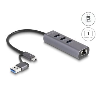 DeLOCK Delock 3 Port USB 5 Gbps Hub + Gigabit LAN with USB Type-C™ or USB Type-A connector in metal case