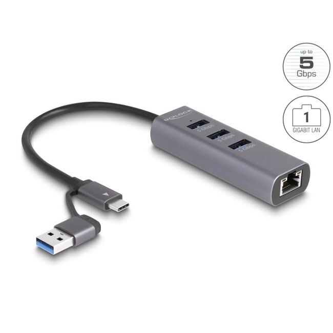 Delock 3 Port USB 5 Gbps Hub + Gigabit LAN with USB Type-C™ or USB Type-A connector in metal case