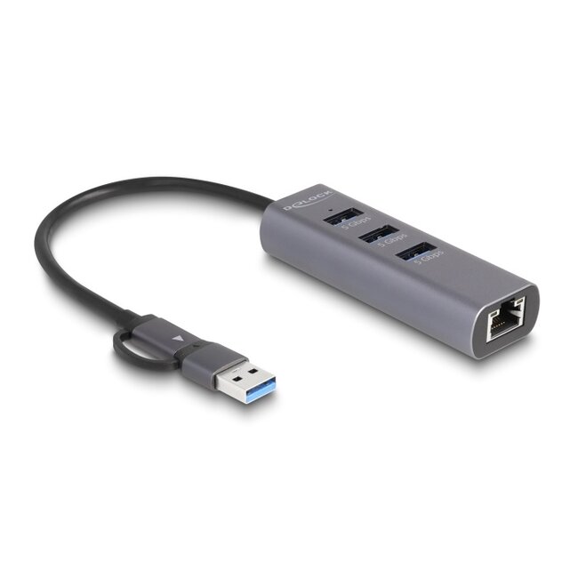 Delock 3 Port USB 5 Gbps Hub + Gigabit LAN with USB Type-C™ or USB Type-A connector in metal case