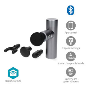 Nedis SmartLife Sportmassagepistool - Accu gevoed - Ingebouwde Lithium-Ion - Oplaadbaar - 5 Massage Modes - Bolvormige kop / Conische kop / Platte kop / Tasje / U-vormige kop - Don