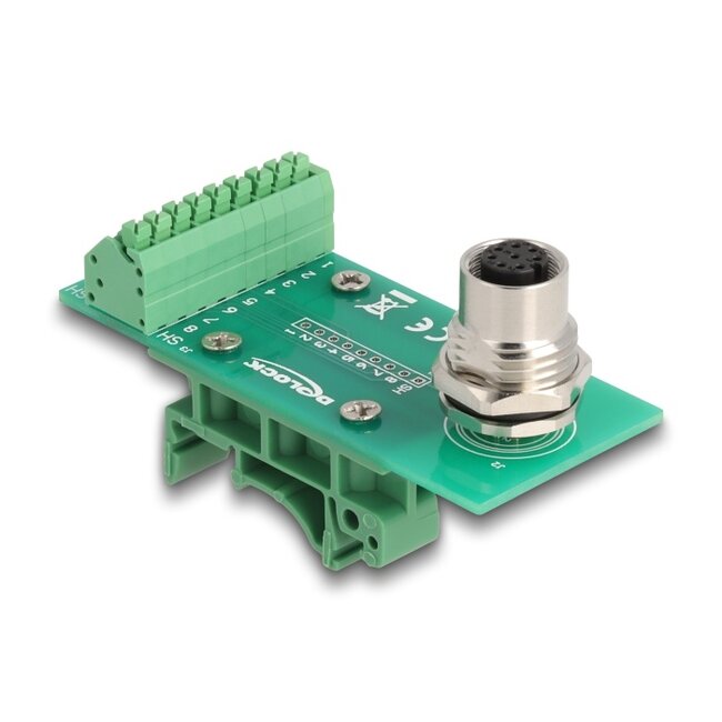 Delock M12 Transfer Module Adapter 8 pin A-coded female to 9 pin terminal block for DIN rail