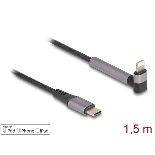 Delock Data and Charging Cable USB Type-C™ to Lightning™ for iPhone™, iPad™, iPod™ angled with stand function black 1.5 m MFi