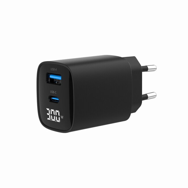 2-poorts 30W USB snellader, LCD, zwart