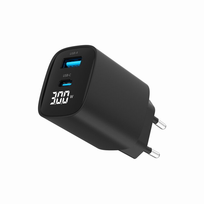 2-poorts 30W USB snellader, LCD, zwart