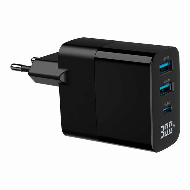 3-poorts 30 W GaN USB snellader, LCD, zwart