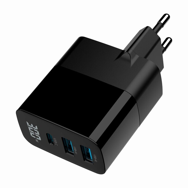 3-poorts 30 W GaN USB snellader, LCD, zwart