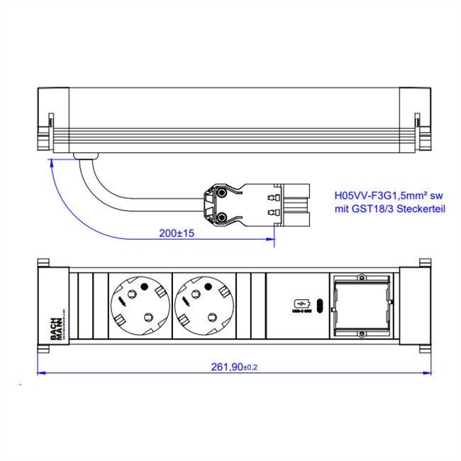 BACHMANN POWER FRAME M 2xCEE7/3, 1xUSB C 30W 1xCM 0,2m GST18