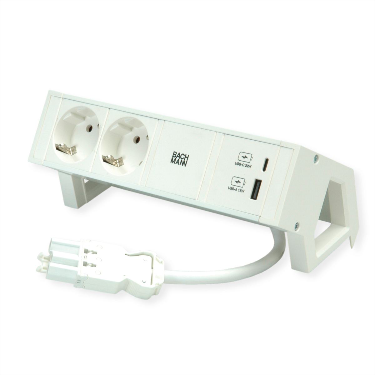 BACHMANN DESK2 ALU WIT 2x geaard stopcontact, USB oplader 22 W A&C, 0,2 m GST18 |