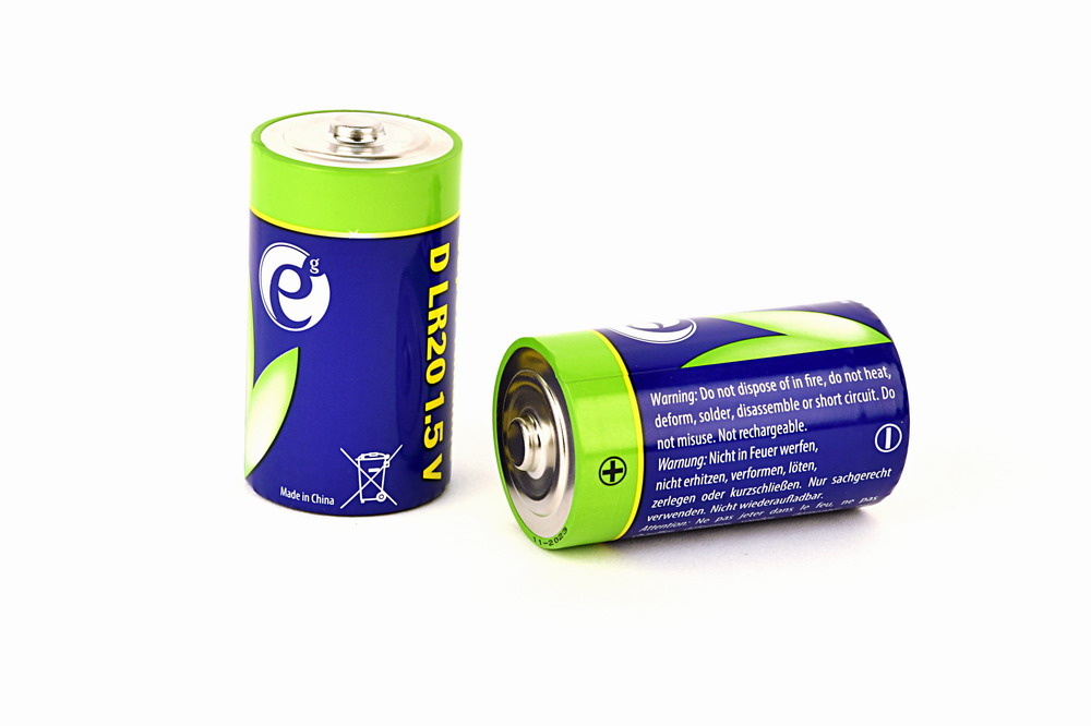 Gembird EG-BA-LR20-01. Type batterij: Wegwerpbatterij, Batterijformaat: D, Batterijtechnologie: Alkaline. Hoogte: 60,3 mm, Diameter: 3,35 cm, Gewicht: 140 g. Breedte verpakking: 52