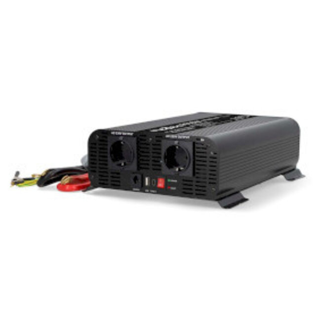 Inverter Pure Sinusgolf | Ingangsvoltage: 12 V DC | Apparaat stroomoutput: Type F (CEE 7/3) / USB-A / USB-C™ | 230 V AC 50 Hz | 2000 W | Piekvermogen: 4000 W | Screw Terminal | Zuivere Sinusgolf | Zekering | Zwart