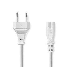 Stroomkabel | Euro Male | IEC-320-C7 | Recht | Recht | Vernikkeld | 2.00 m | Plat | PVC | Wit | Labe
