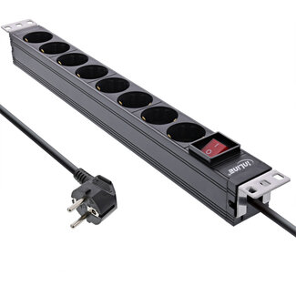 InLine® InLine® 19" socket strip, 8-way earthing contact, with switch, 2m, black, variable mounting brackets